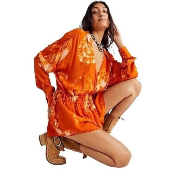 Free People Pants - Free People Marla Printed Shortall Orange Romper Women’s Size Small New